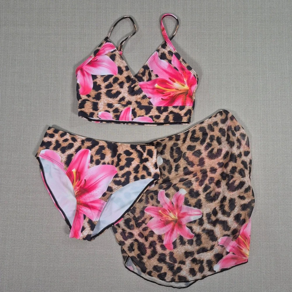 Girls Leopard Floral 3 Piece Swimsuit Bikini Sarong Set Pink Lily Size 12Y